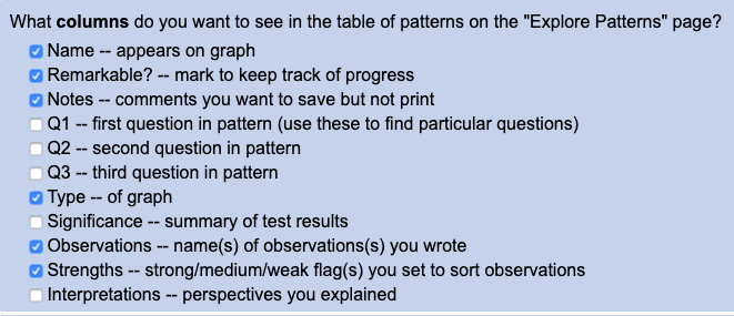 Choosing columns to display in patterns table